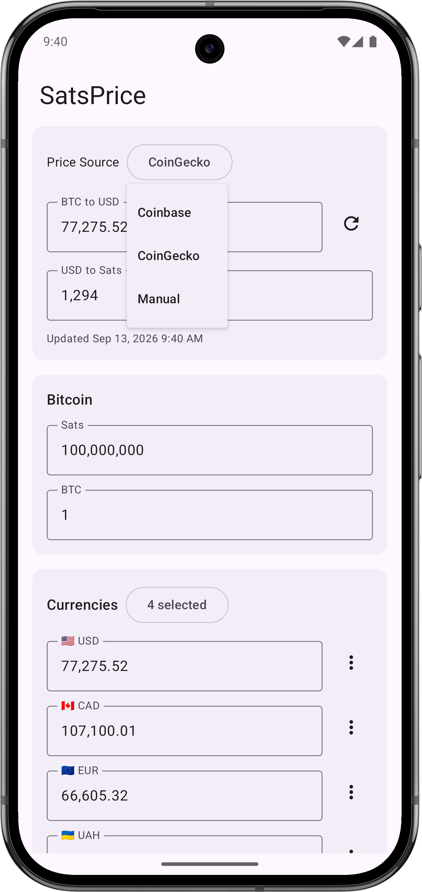 SatsPrice on Android — currency list
