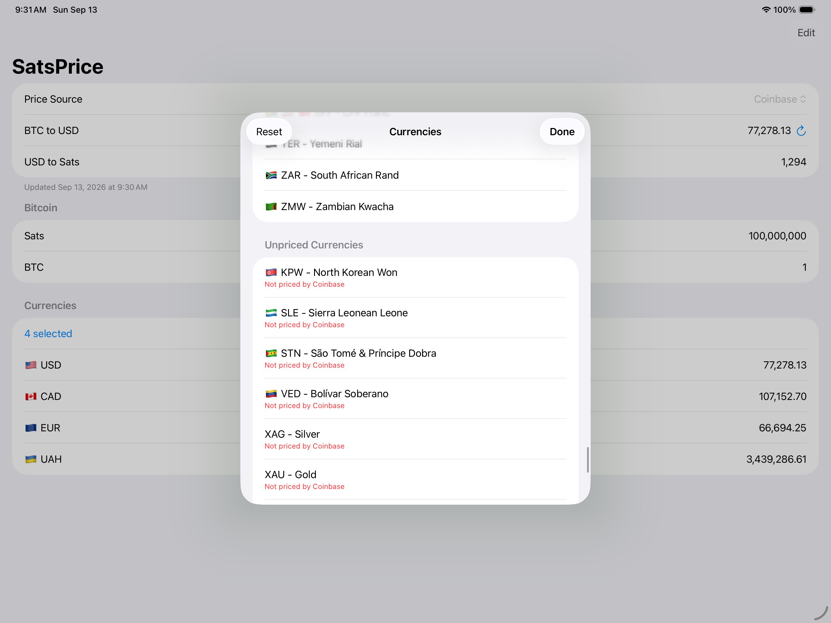 SatsPrice on iPad
