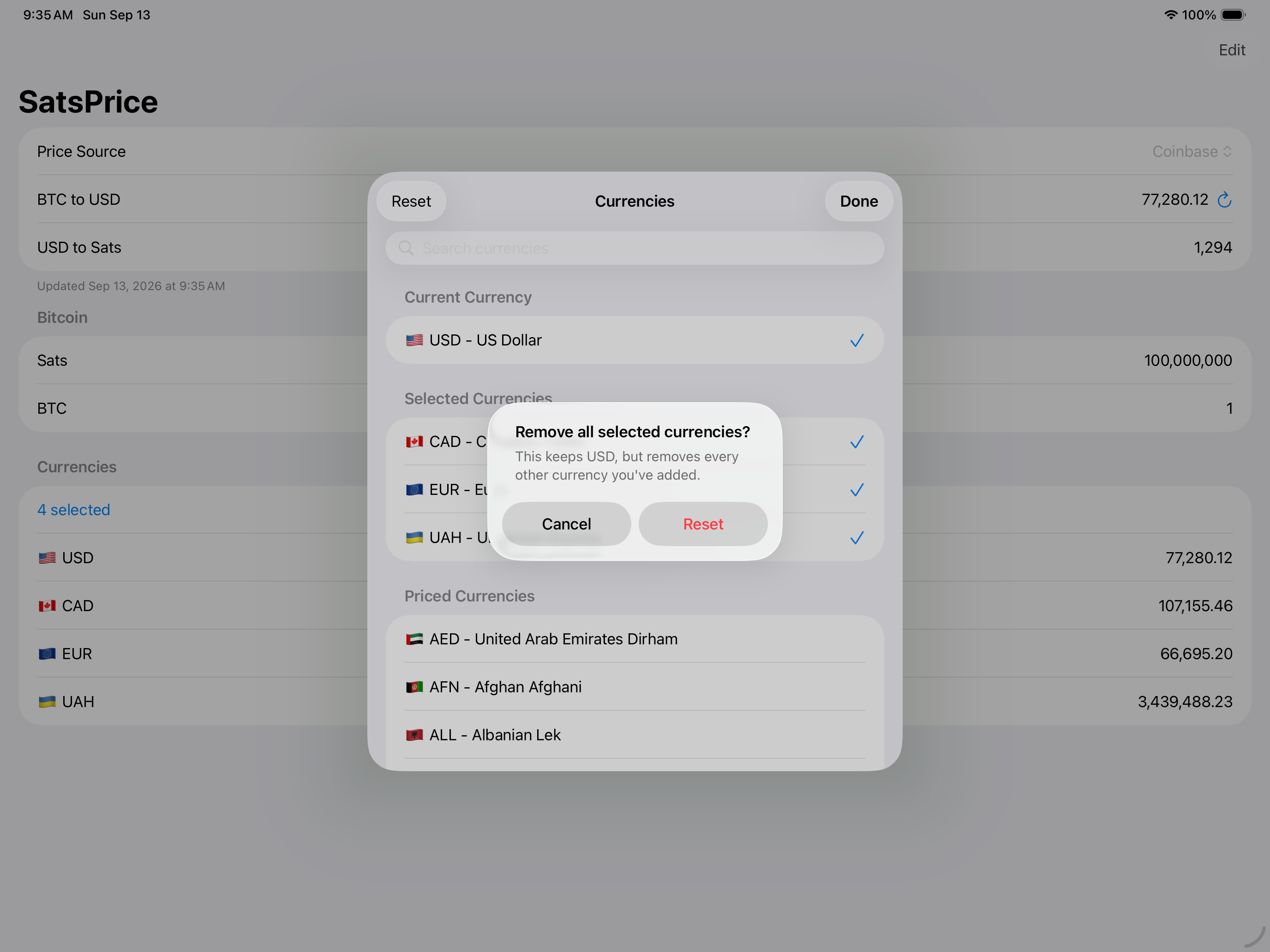 SatsPrice on iPad