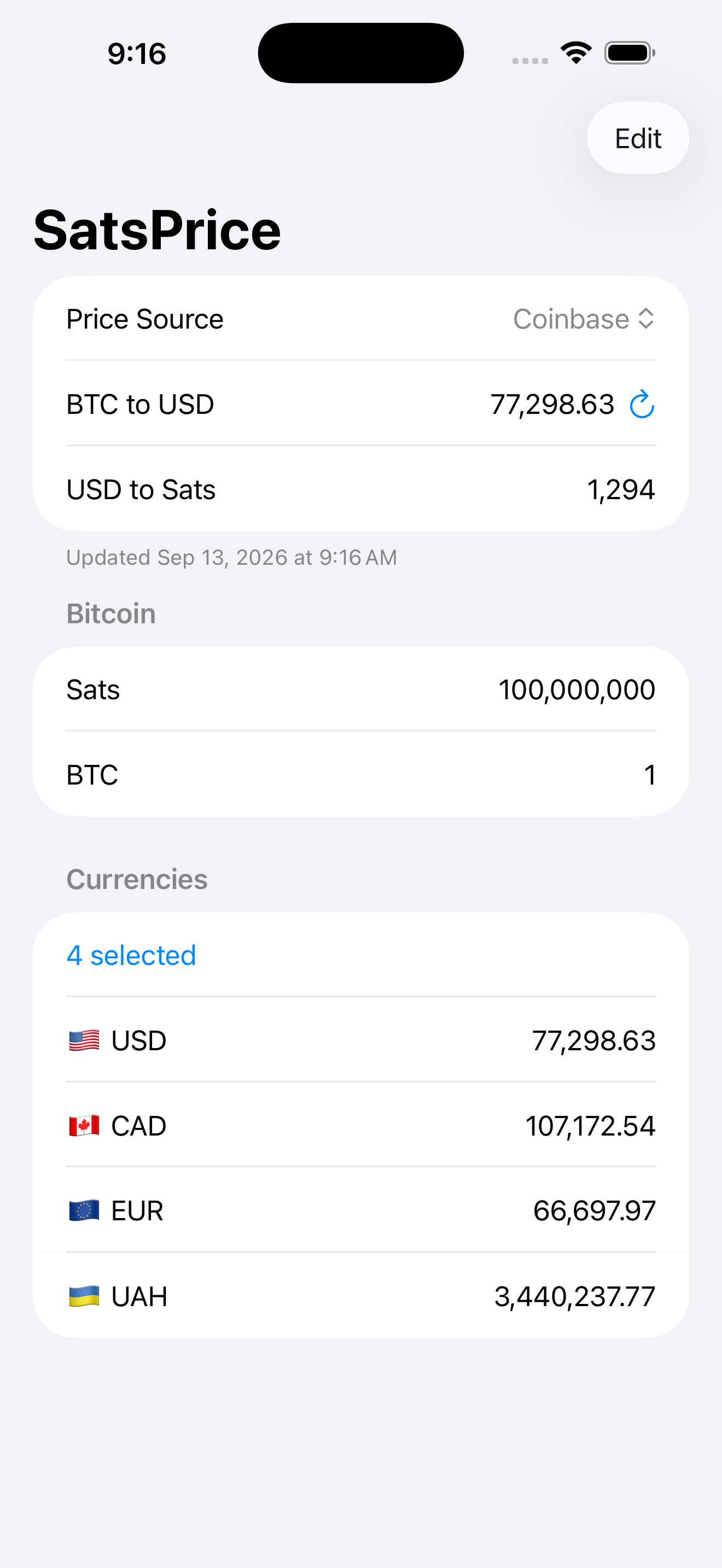 SatsPrice on iPhone — price source and conversion