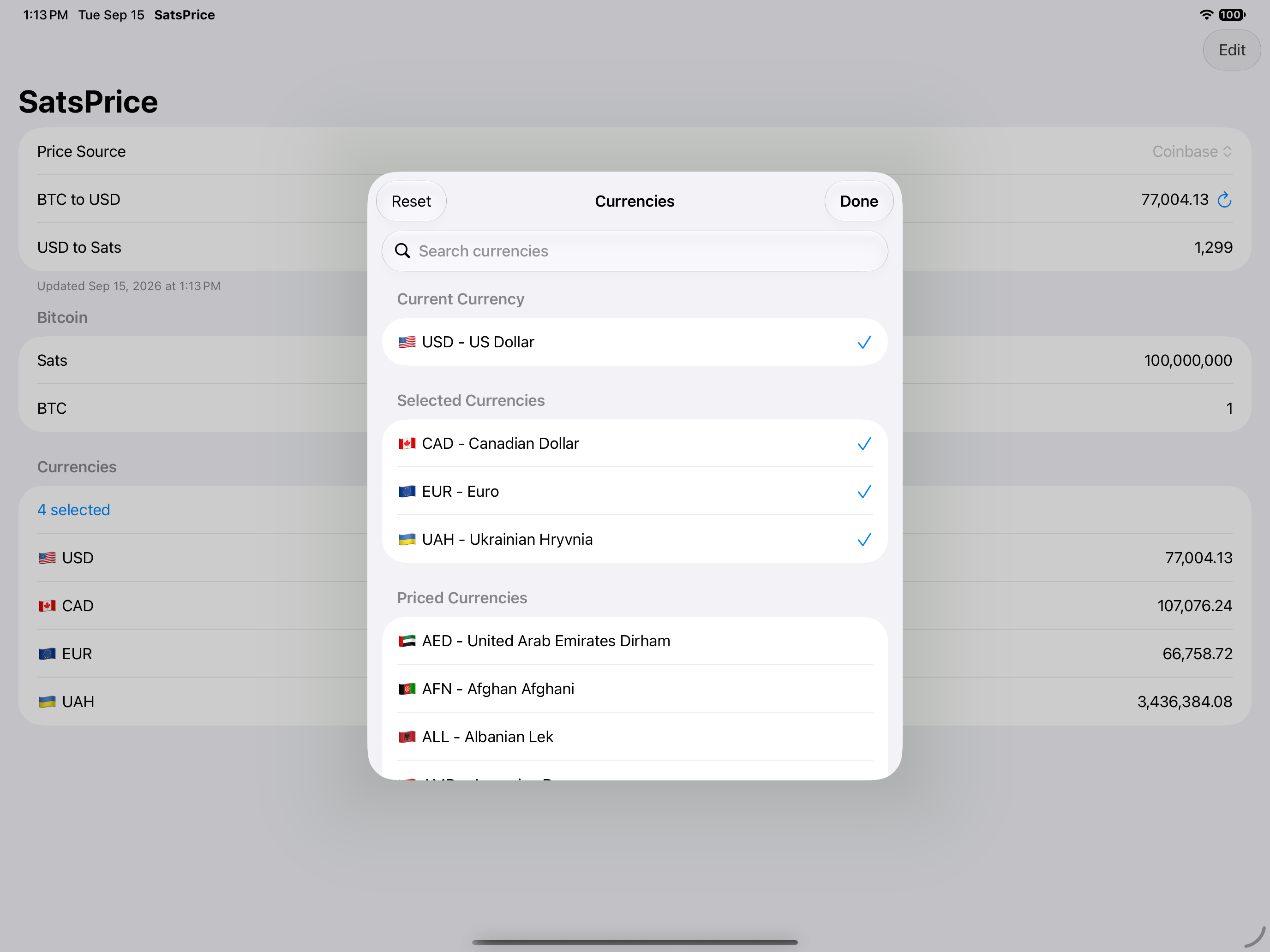 SatsPrice on iPad