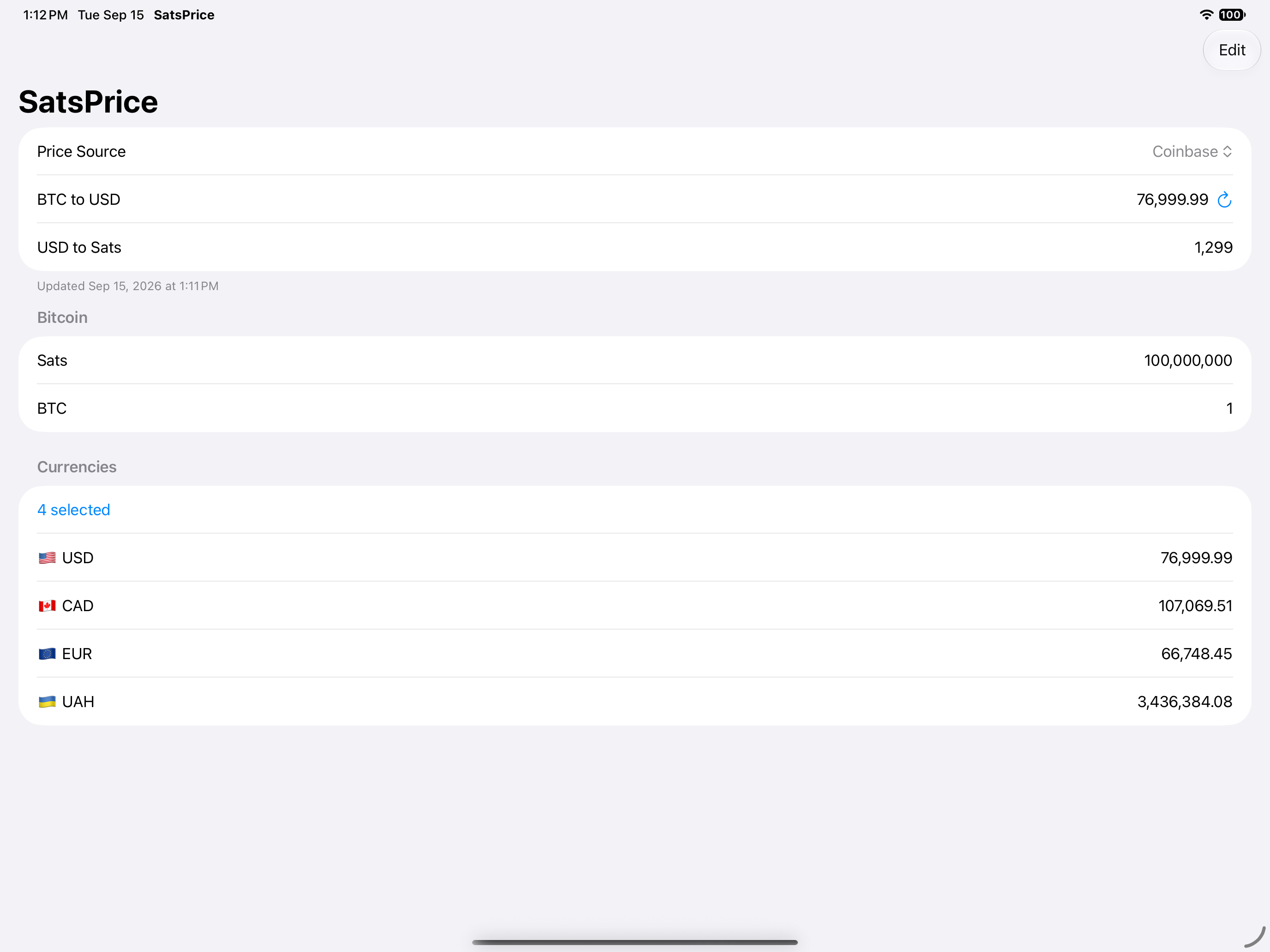 SatsPrice on iPad