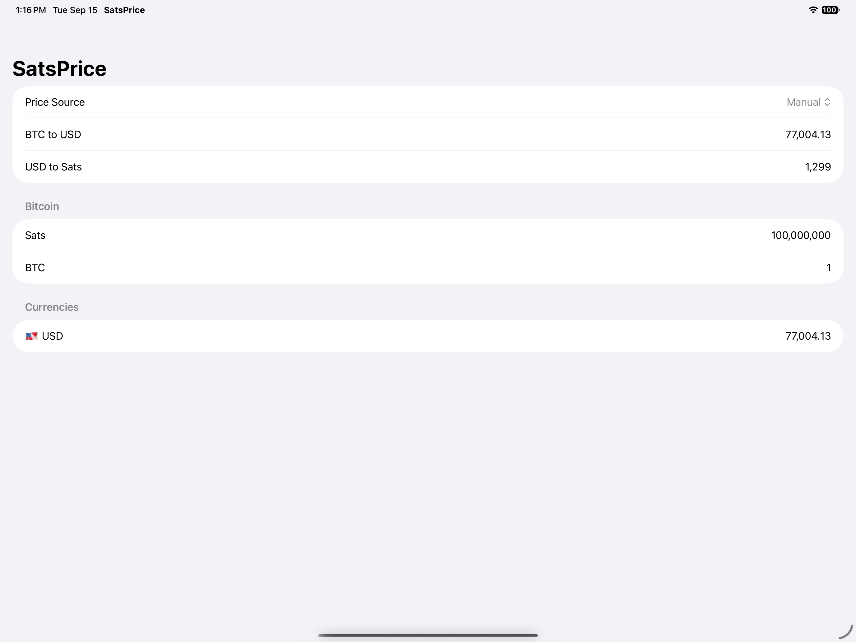 SatsPrice on iPad