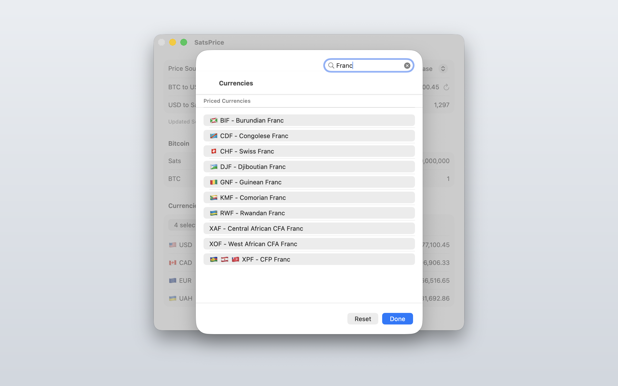 SatsPrice on macOS