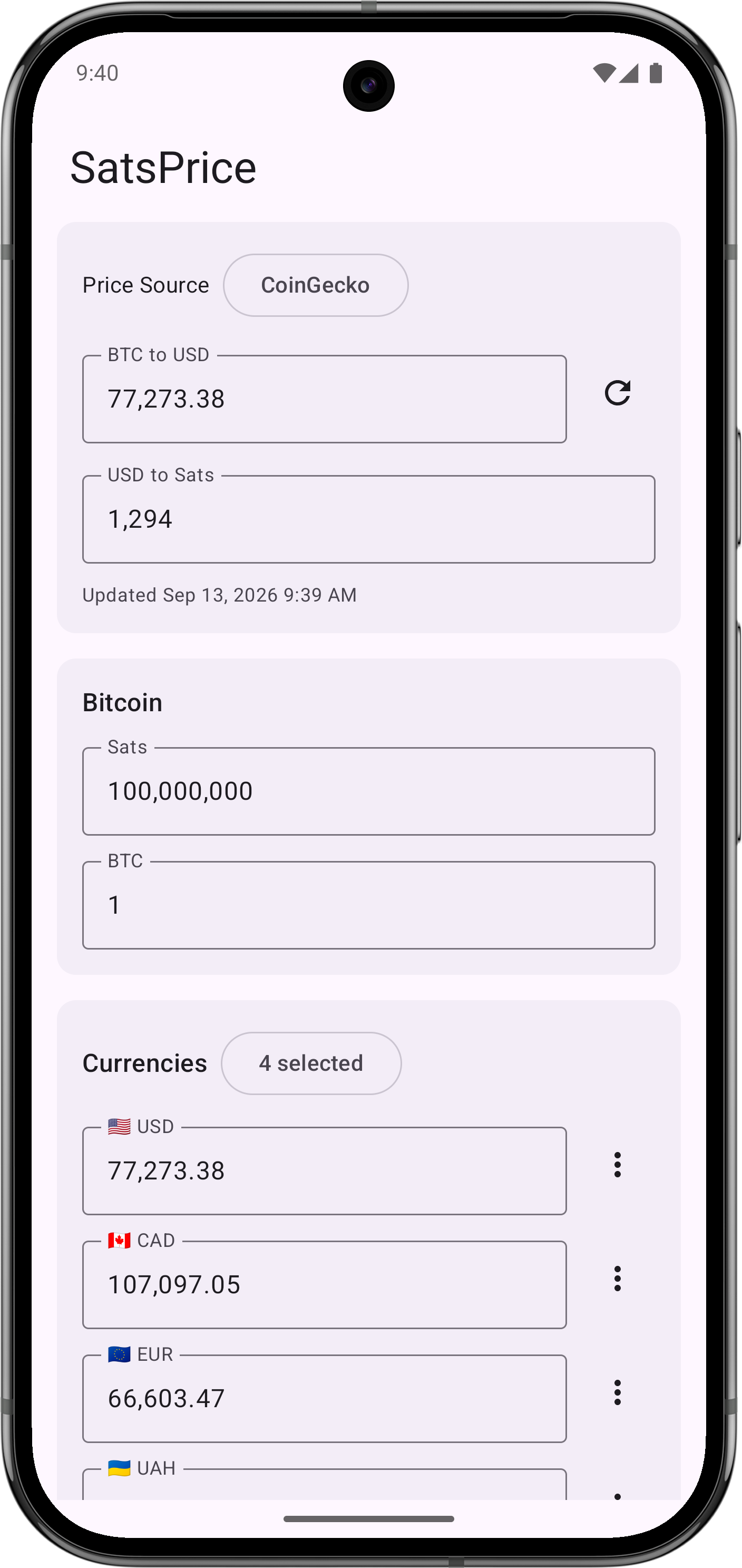SatsPrice on Android — price source and conversion
