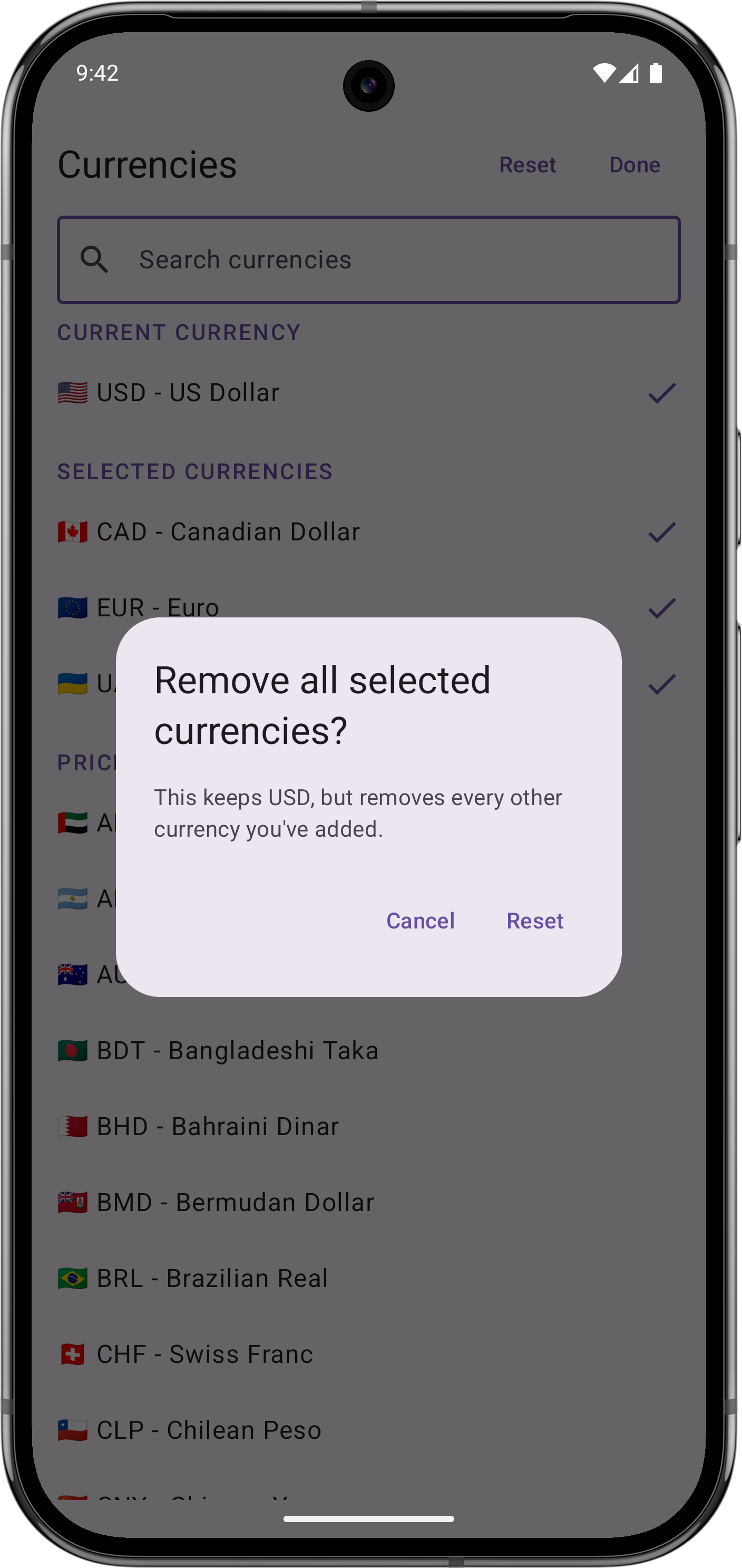 SatsPrice on Android — reset confirmation dialog