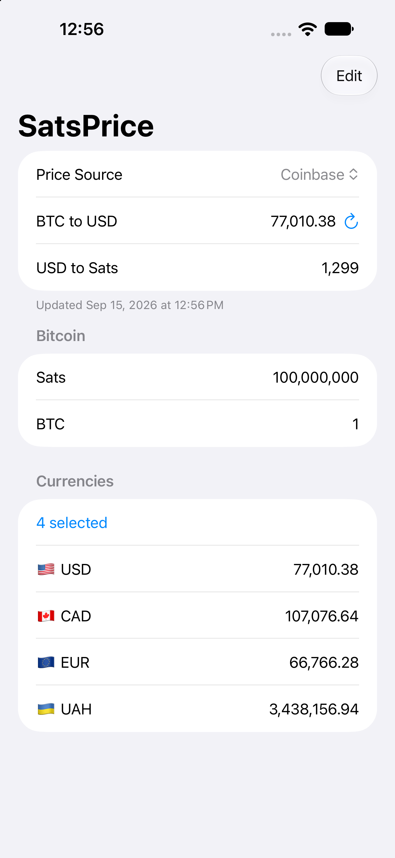 SatsPrice app showing BTC to USD price, sats conversion, and a list of currencies