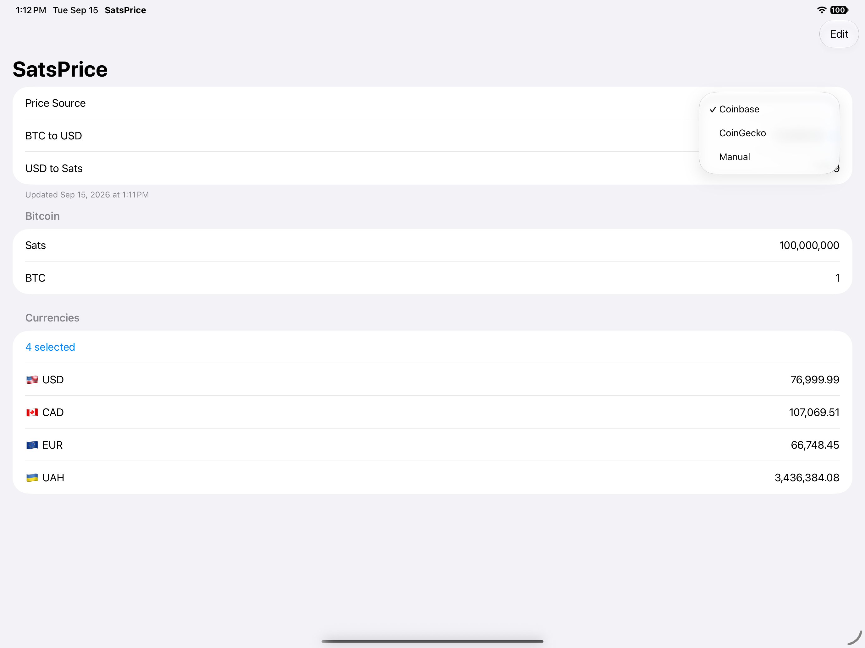 SatsPrice on iPad