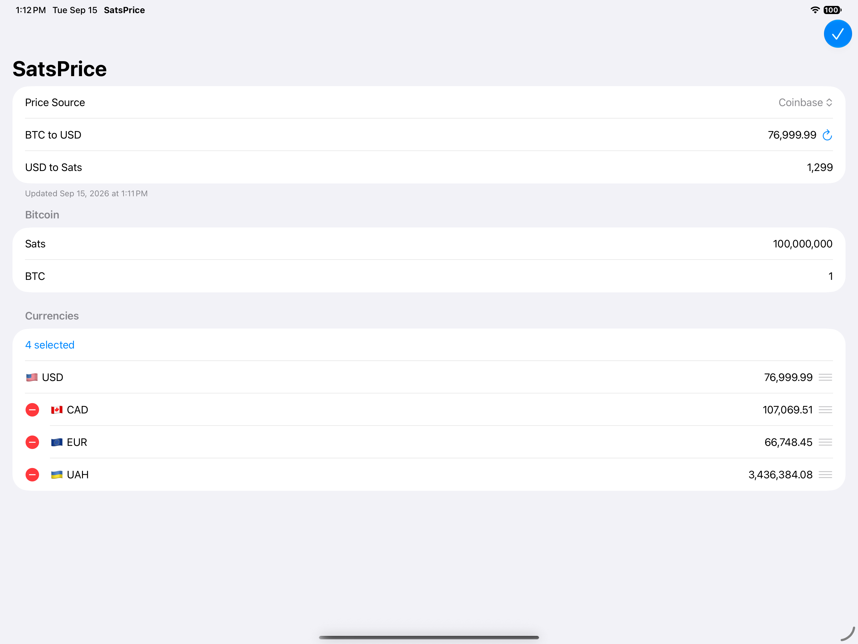 SatsPrice on iPad