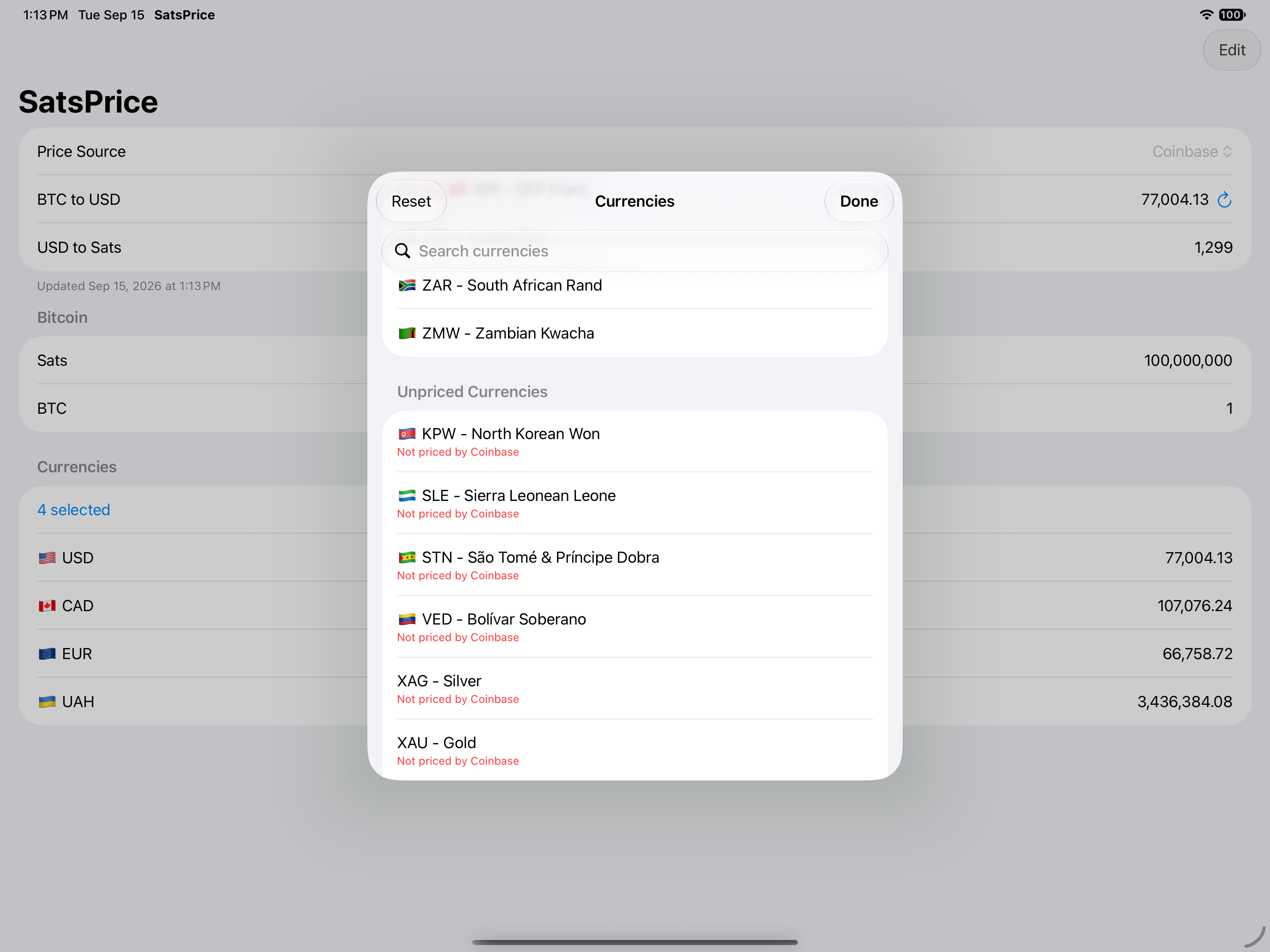 SatsPrice on iPad