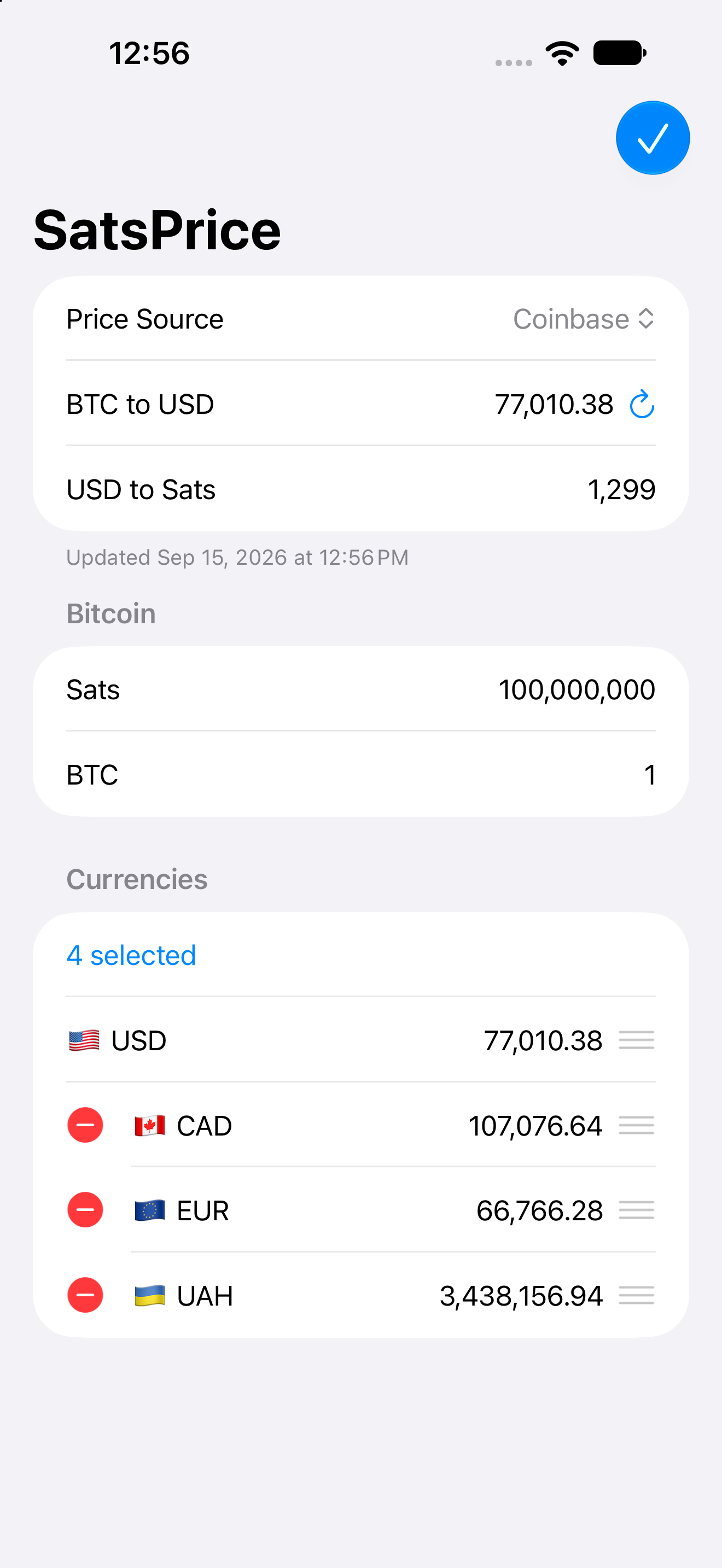 SatsPrice on iPhone — editing currency list