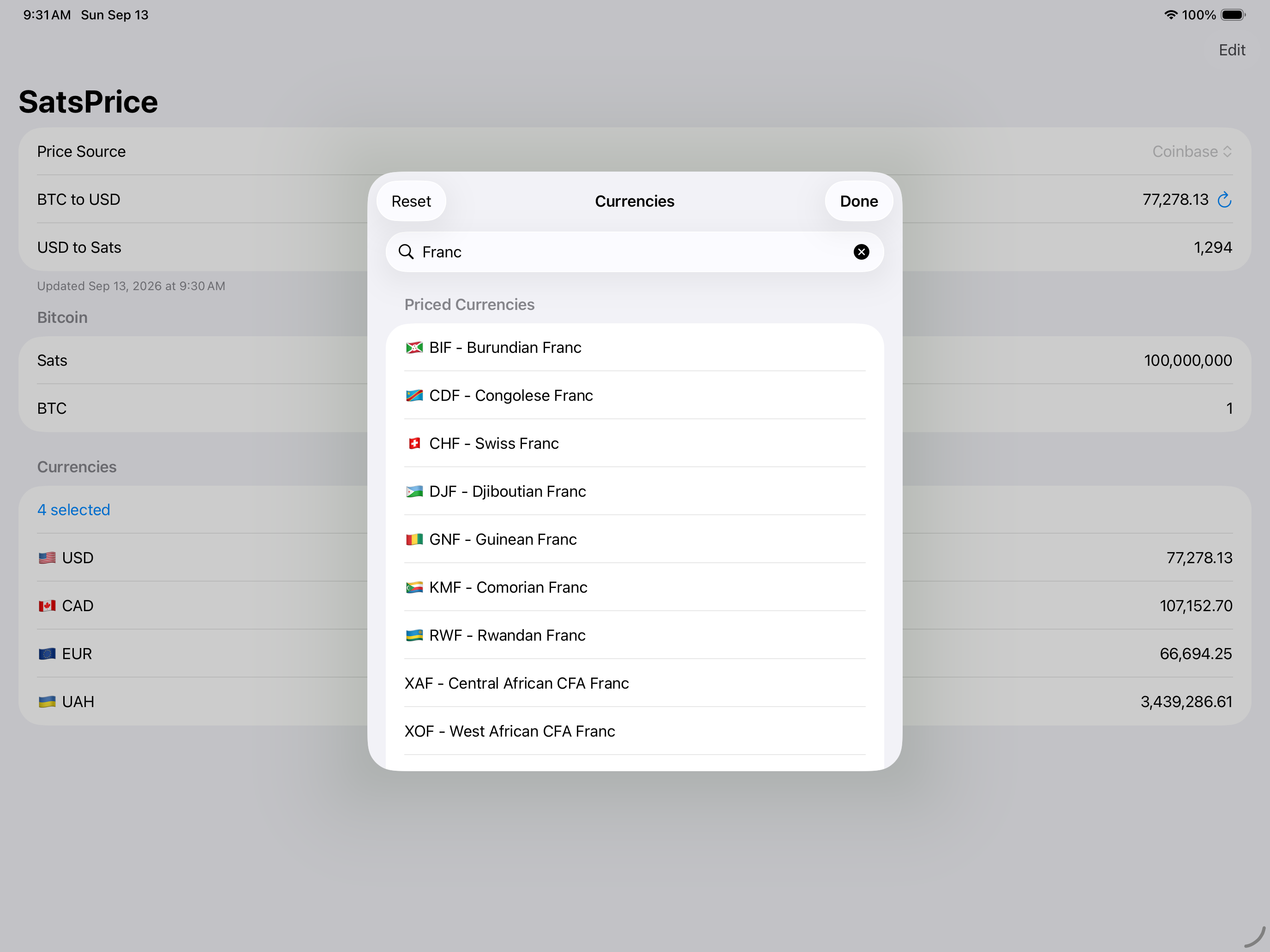 SatsPrice on iPad