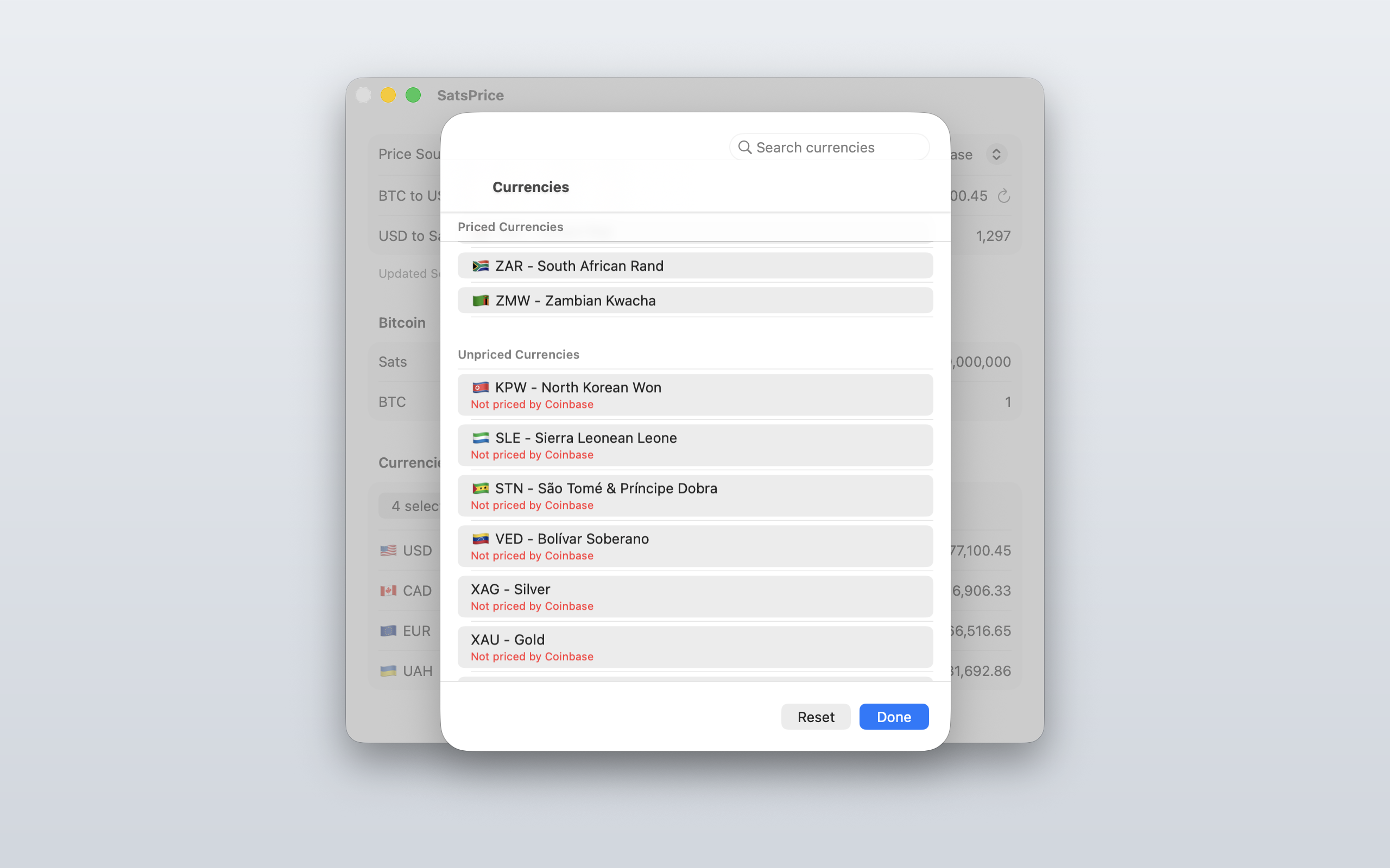 SatsPrice on macOS